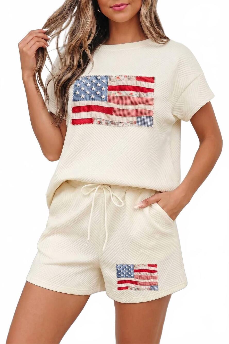 NEW DEAR LOVER amer textured usa flag graphic short set in apricot